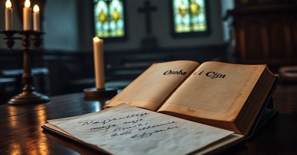 Stary list przykryty książką 'Osoba i Czyn', na tło w tradycyjnym kościlnym pomieszczeniu.