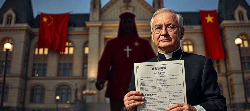 Ksiądz w tradycyjnych szatach kościelnych trzyma tajny dokument porozumienia policyjnego między Kanadą a Chinami przed budynkiem parlamentu kanadyjskiego.