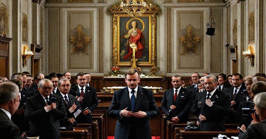 Wnętrze Sejmu z Donaldem Tuskiem i Krzysztofem Bosakiem podczas tajnego posiedzenia. Na tle ołtarz z krzyżem i wizerunkiem Matki Bożej Częstochowskiej.