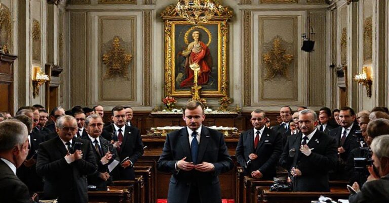 Wnętrze Sejmu z Donaldem Tuskiem i Krzysztofem Bosakiem podczas tajnego posiedzenia. Na tle ołtarz z krzyżem i wizerunkiem Matki Bożej Częstochowskiej.