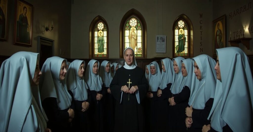 Grupa zakonnic w tradycyjnych habitach uczestniczących w tajemniczym obrządku kapłańskim w komunistycznej Czechosłowacji, pod przewodnictwem biskupa Feliksa Marii Davídka.