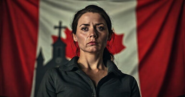 Portret Tamary Lich z tłem flaga Kanady i wandalizowanego kościoła katolickiego, symbolizujący cichy cierpienie katolików w Kanadzie