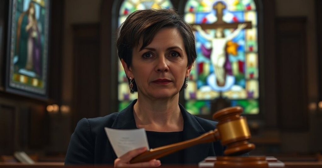 Portret Tamary Lich z Freedom Convoy stojącej przed sądem z dokumentami w ręku.