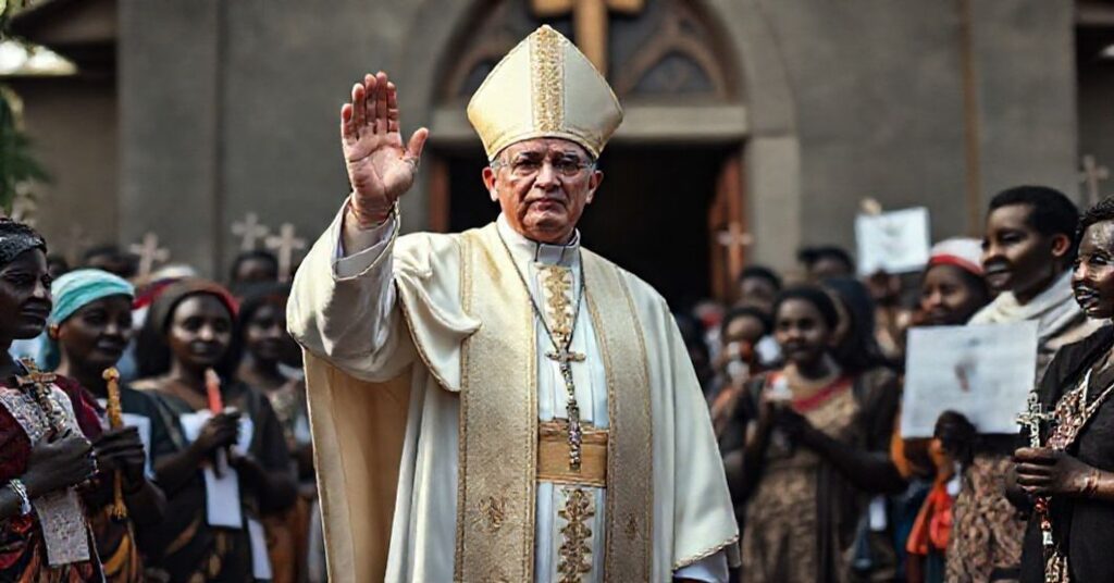 Obraz przedstawiający biskupa w tradycyjnych strojach liturgicznych biorącego udział w pokojowym zebraniu w Tanzanii, z akcentem na duchową misję Kościoła.
