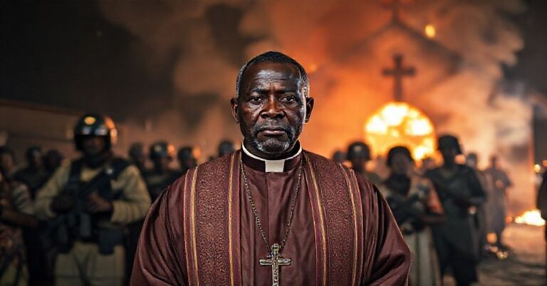 Portret ks. Josepha Gwajimy w tradycyjnych szatach liturgicznych na tle palącego się kościoła w Tanzanii