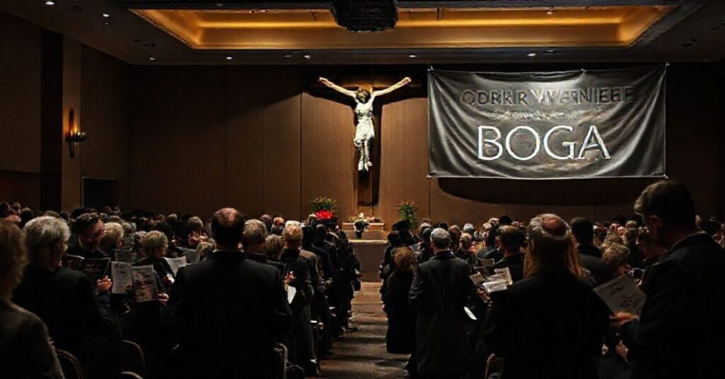 Ciemna sala konferencyjna podczas Targów Wydawców Katolickich w Warszawie. Ludzie trzymają książki i ulotki nowoczesnych autorów katolickich, w tle dominuje duży krzyż. Organizatorzy w szatach duchownych promują publikacje sprzeczne z tradycyjnym nauczaniem katolickim. Atmosfera wyrazu konfuzji duchowej i apostazji.