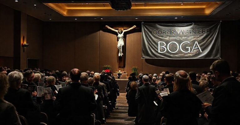 Ciemna sala konferencyjna podczas Targów Wydawców Katolickich w Warszawie. Ludzie trzymają książki i ulotki nowoczesnych autorów katolickich, w tle dominuje duży krzyż. Organizatorzy w szatach duchownych promują publikacje sprzeczne z tradycyjnym nauczaniem katolickim. Atmosfera wyrazu konfuzji duchowej i apostazji.