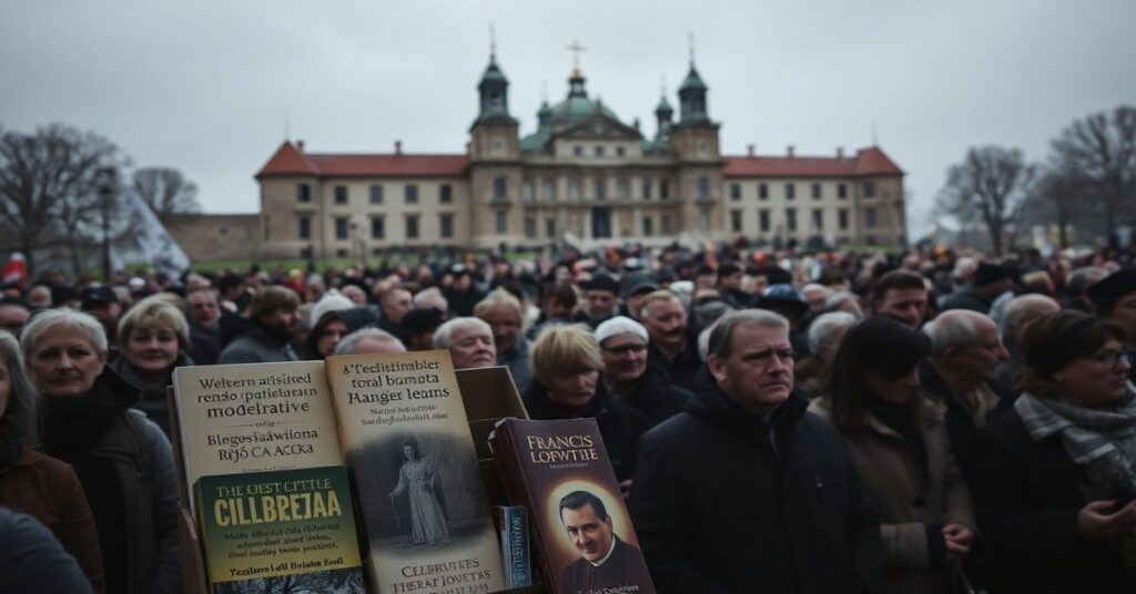 Grupa ludzi na targach książek w Warszawie, w tle Zamek Królewski. Scena pełna jest złudzeń duchowych i propagandy modernistycznej.
