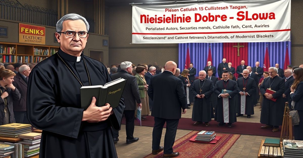 Ciemna sala konferencyjna podczas Targów Wydawców Katolickich w Warszawie. Ludzie trzymają książki i ulotki nowoczesnych autorów katolickich, w tle dominuje duży krzyż. Organizatorzy w szatach duchownych promują publikacje sprzeczne z tradycyjnym nauczaniem katolickim. Atmosfera wyrazu konfuzji duchowej i apostazji.