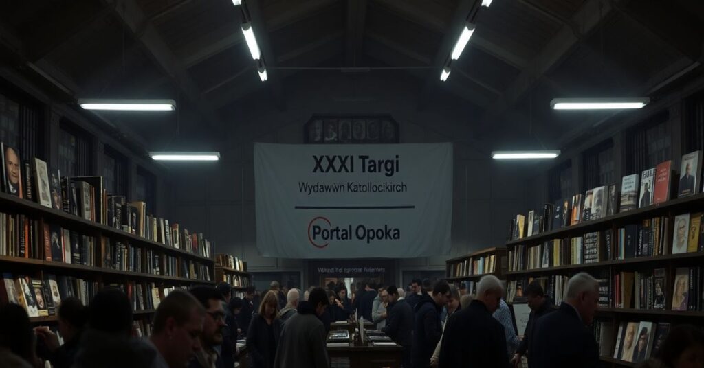 Ciemne i ponure wnętrze hali Arkad Kubickiego w Warszawie podczas XXXI Targów Wydawców Katolickich. Ludzie przeglądają regały z książkami o fałszywych męczennikach i heretykach, co symbolizuje dewastację prawdy katolickiej.