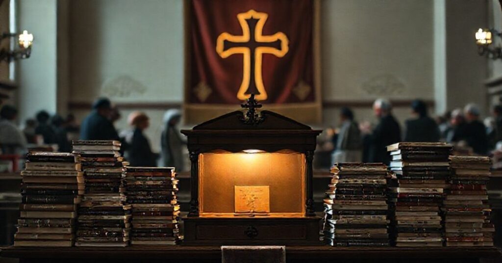 Smętne i poważne zdjęcie przedstawiające tradycyjny ołtarz katolicki z zamkniętym tabernakulum otoczony przez stosy nowoczesnych książek katolickich z napisem 'Pielgrzymi nadziei'.