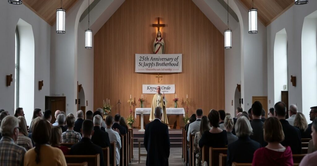 Ciemna wnętrza nowomodernistycznej parafii pw. Matki Bożej Nieustającej Pomocy w Tarnobrzegu podczas jubileuszowych obchodów 25-lecia Bractwa św. Józefa Opiekuna Rodzin. Na ołtarzu pusty i pozbawiony życia posąg św. Józefa i Matki Bożej. Na ambonie stoi „biskup” Krzysztof Nitkiewicz wygłaszający naturalistyczną homilię o Bogu jako rzemieślniku kształtującym ludzi. Wierni w swetrach pasywnie słuchają. Atmosfera pozbawiona łaski nadprzyrodzonej, sztuczne oświetlenie i modernistyczna architektura.