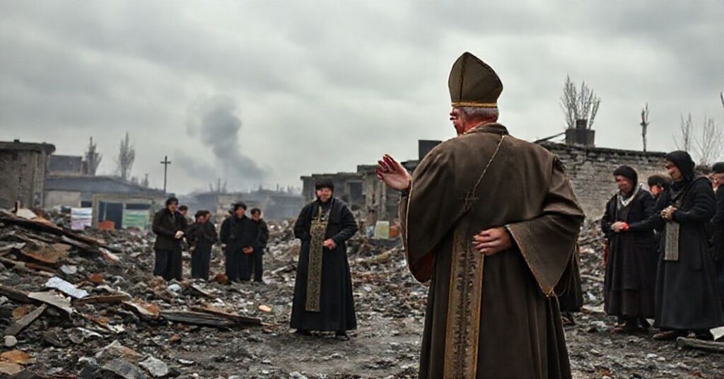 Scena tragicznej sytuacji w Tarnopolu po rosyjskim ataku w 2025 r., ukazująca brak prawdziwej pokuty i duchowego przywództwa ze strony neomoderistów.