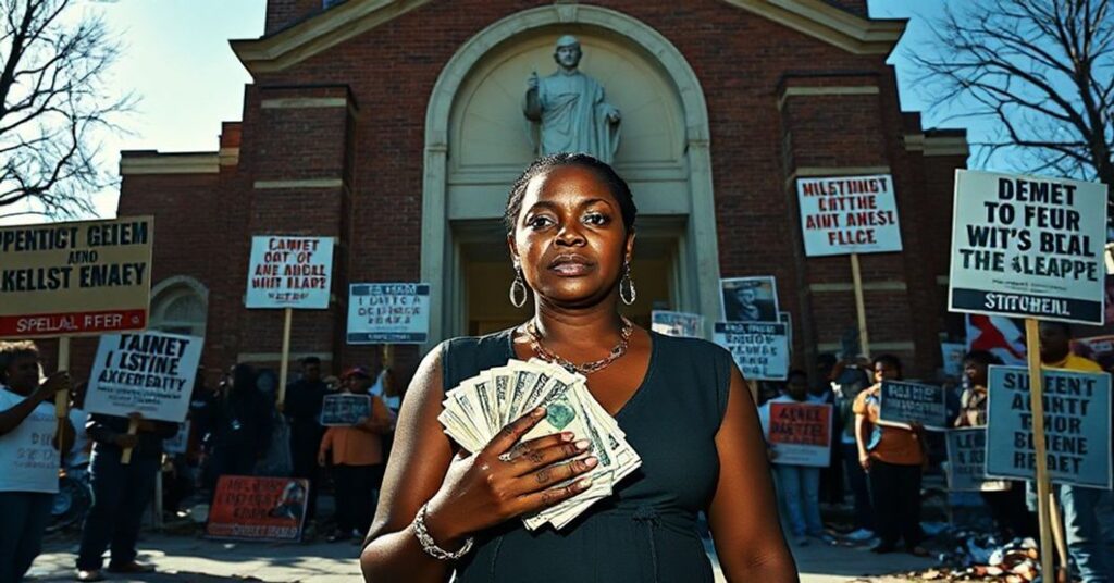 Portret Tashelli Sheri Amore Dickerson przed uszkodzoną kościołem katolickim w Oklahoma City, otoczony transparentami z marksistowskimi hasłami. Trzyma pakiet pieniędzy i nosi drogą biżuterię w kontrastie z ubóstwem i zniszczeniem wokół niej.