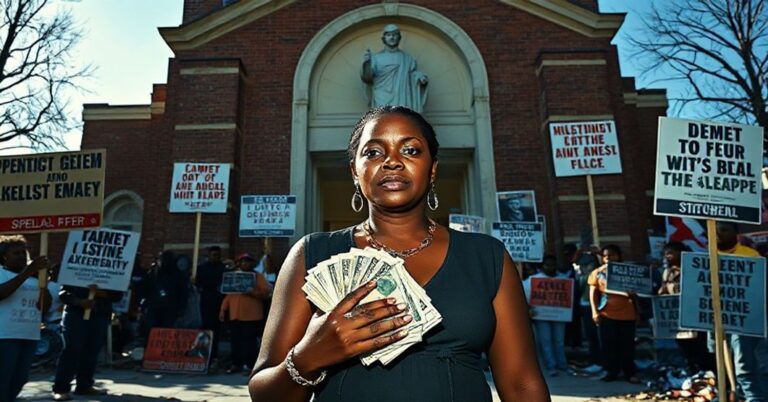 Portret Tashelli Sheri Amore Dickerson przed uszkodzoną kościołem katolickim w Oklahoma City, otoczony transparentami z marksistowskimi hasłami. Trzyma pakiet pieniędzy i nosi drogą biżuterię w kontrastie z ubóstwem i zniszczeniem wokół niej.