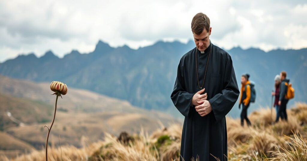Powietałne Tatra z pojedynczym krokusem na pierwszym planie. Katolicki księż w sutannie modli się z różańcem w rękach, podczas gdy turyści patrzą na pejzaż. Tempat duchowej pustki.