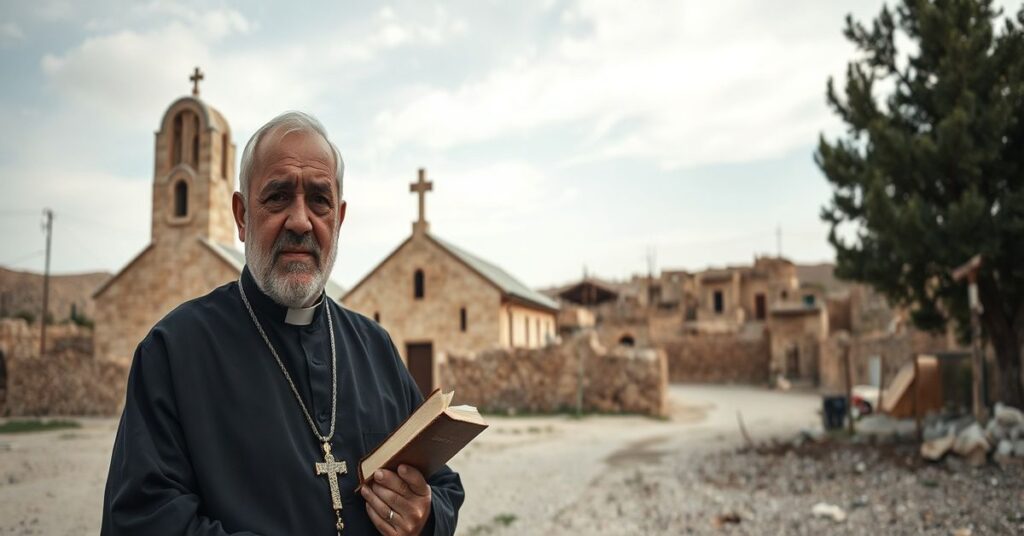 Kapłan w tradycyjnym stroju liturgicznym przed starym kościołem w Taybeh na Zachodnim Brzegu