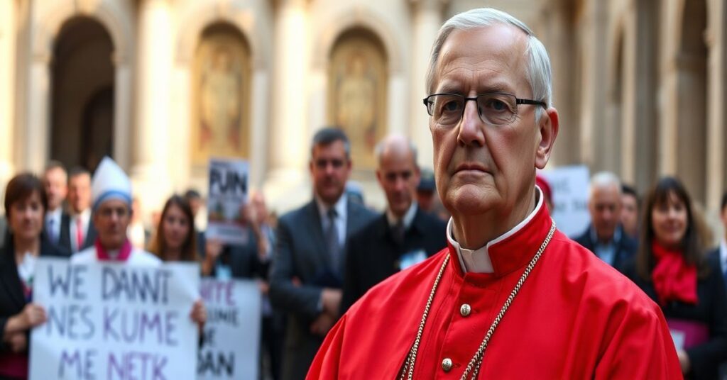 Portret "kardynała" Camillo Ruiniego przed rzymską katedrą z tłem polityków i protestujących