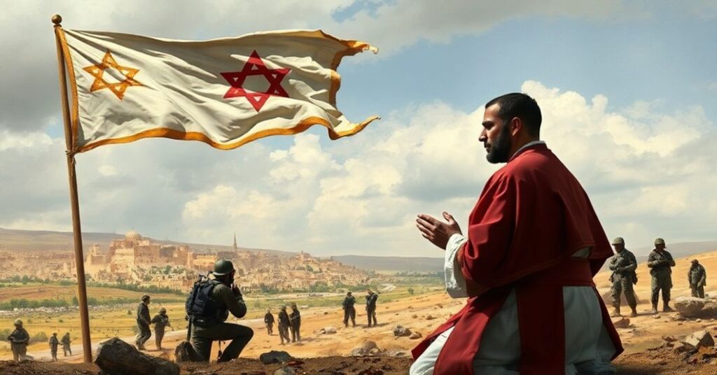 Ksiądz katolicki modli się przed zniszczonym krajobrazem Ziemi Świętej z żołnierzami na tle, symbolizując brak królewstwa Chrystusa w nowoczesnej polityce