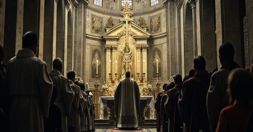 Poważnemu uroczystości egzorcyzmłej odbywającej się w Bazylice św. Piotra podczas Mszą łacińskiej. Scena ukazuje kapłanów w tradycyjnych ornatach przed ołtarzem z gromadką wiernych. Akt symbolizuje rozpacz i apostazję nowożytnego Kościoła.