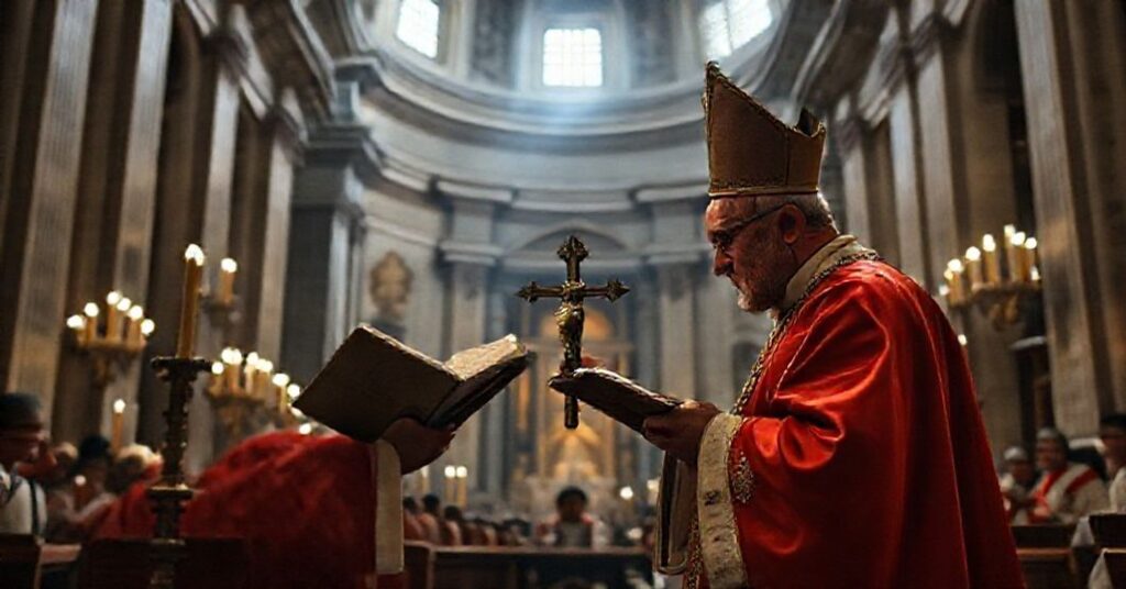Scena egzorcyzmów w bazylice św. Piotra prowadzonych przez fałszywego kardynała w kontekście apostazji