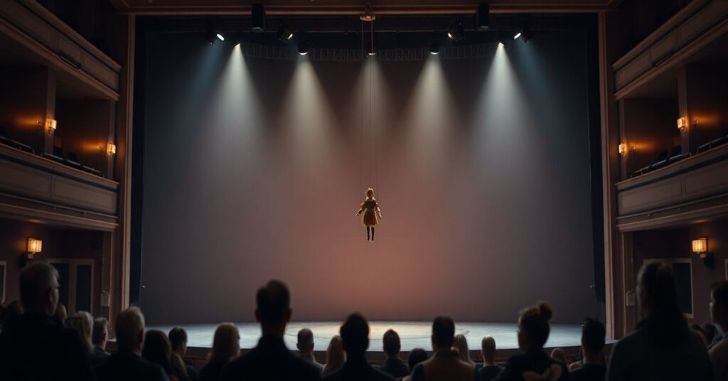 Pusty scenograficzny teatr lalek w ciemności z marionetką wiszącą na tle nieprzejściej publiczności.