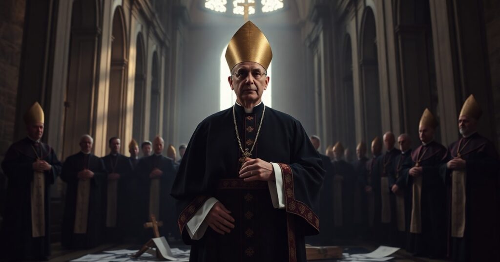 Obraz przedstawiający abpa Wojciecha Polaka w katedrze z symbolami korupcji kościelnej i fałszywych komisji
