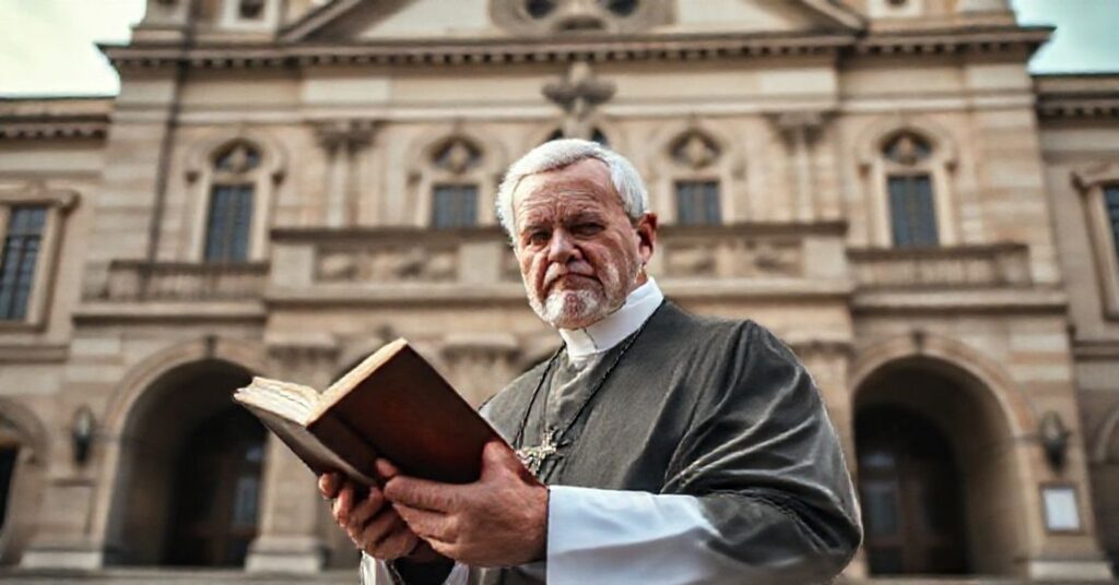 Księż katolicki stoi przed Teatrem Żeromskiego w Kielcach, symbolizując krytykę ideologicznych deformacji sztuki teatralnej.