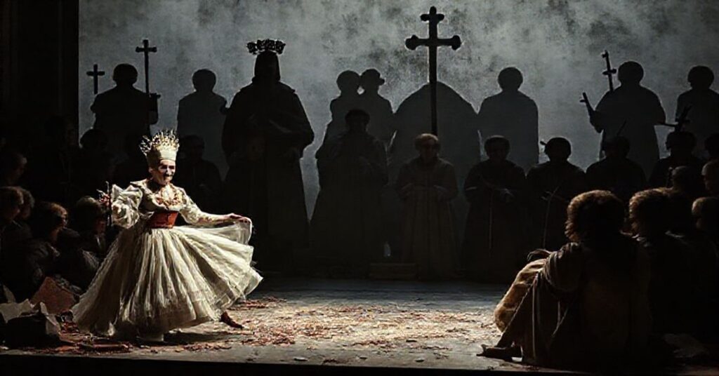 Scena z przedstawienia "Termopile polskie" Jana Klaty w Teatrze Narodowym - groteskowa parodia polskiej historii bez Boga i Ojczyzny.