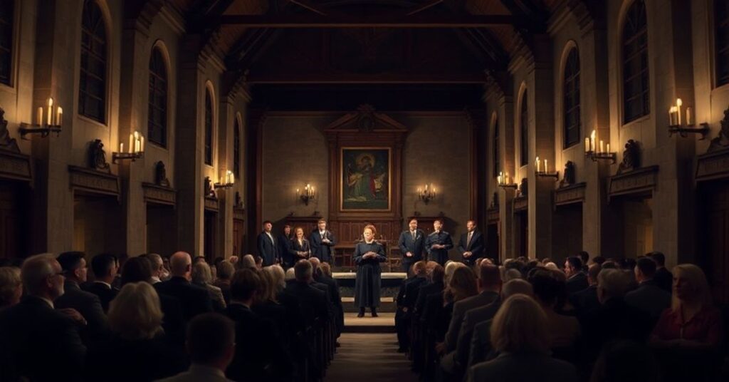 Wnętrze kościoła z widownią teatru przedstawiające inscenizację sztuki "Tkocze" Gerharta Hauptmanna