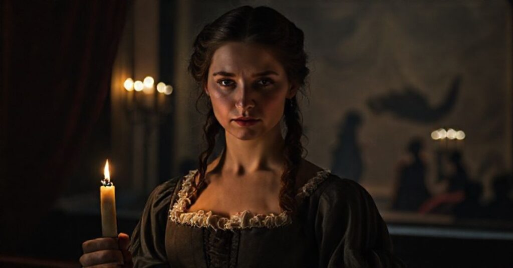 Portret kobiety w stroju XVIII-wiecznym przed sceną teatralną symbolizującą moralny upadek