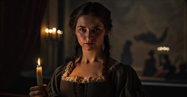 Portret kobiety w stroju XVIII-wiecznym przed sceną teatralną symbolizującą moralny upadek