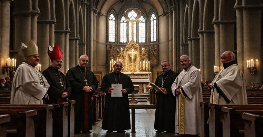 Wnętrze katedry we Wrocławiu z modernistycznymi "biskupami" podpisującymi fałszywą deklarację o pojednaniu.