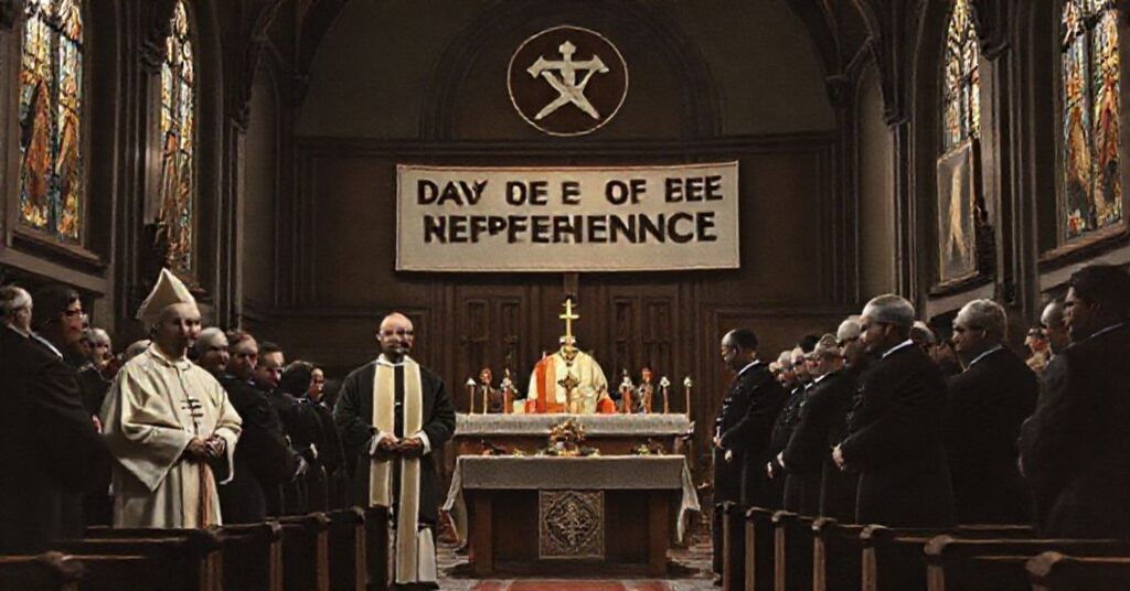 Wnętrze katolickiego kościoła z tradycyjną ikonografią przedstawiające grupę mężczyzn w modernistycznych szatach kapłańskich stojących przed ołtarzem. Widoczni są biskup Bernard Bober i biskup František Trstenský wraz z przedstawicielami sekt protestanckich i władz państwowych. Scena jest przyciemniona, z witrażami rzucającymi ponure barwy, podkreślającymi parodię prawdziwej pokuty.