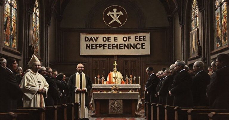 Wnętrze katolickiego kościoła z tradycyjną ikonografią przedstawiające grupę mężczyzn w modernistycznych szatach kapłańskich stojących przed ołtarzem. Widoczni są biskup Bernard Bober i biskup František Trstenský wraz z przedstawicielami sekt protestanckich i władz państwowych. Scena jest przyciemniona, z witrażami rzucającymi ponure barwy, podkreślającymi parodię prawdziwej pokuty.