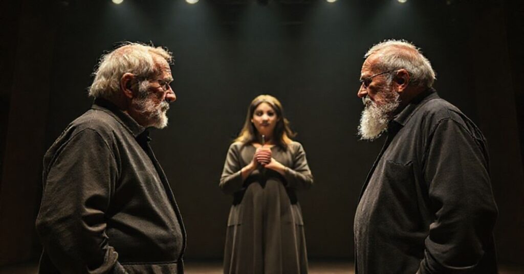 Scena z pustego teatru z dwoma staruszkami w konflikcie i kobietą symbolizującą fałszywy pokój, podkreślająca brak moralnej prawdy