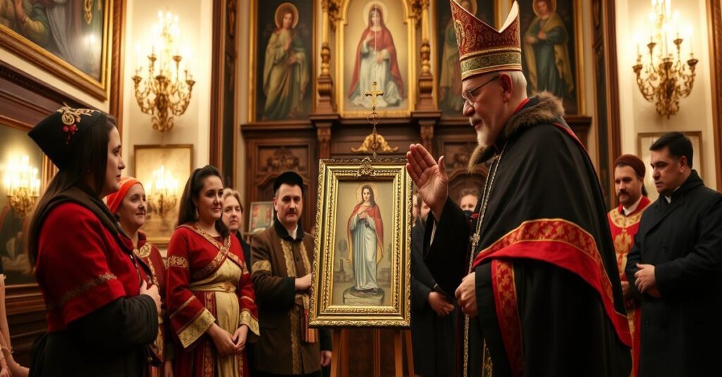 Solemne prezentowanie kopii figurki Matki Bożej w Domu Arcybiskupów Krakowskich przez goralskich pielgrzymów z Ludźmierza podczas wizyty u „kardynała” Grzegorza Rysia.