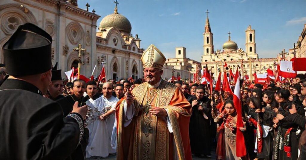 Scena z Libanu w 2025 roku przedstawiająca fałszywego 'Papieża' Leona XIV spotykającego się z maronickim 'Arcybiskupem' Paulem Abdel Saterem.