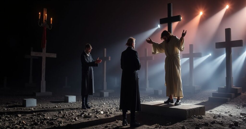 Scena teatralna w Dolinie Śmierci w Bydgoszczy z inscenizacją Misterium Męki Pańskiej pod hasłem 'Wspólna droga'.