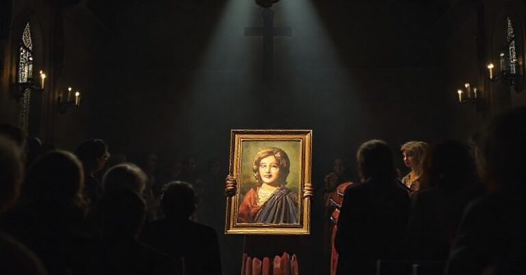 Scena przedstawiająca teatralne przedstawienie o Kunegundzie Siwiec w sanktuarium w Wadowicach. Subiektywistyczny kult 'mistyczki' bez autentycznej weryfikacji kościelnej.