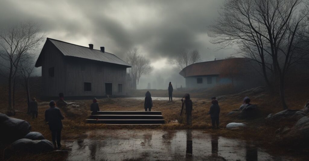 Scena teatralna z Olafem Lubaszenką jako Karolem i Ewą Wiśniewską jako Starską w melancholicznym listopadowym pejzażu, symbolizująca duchową pustkę.