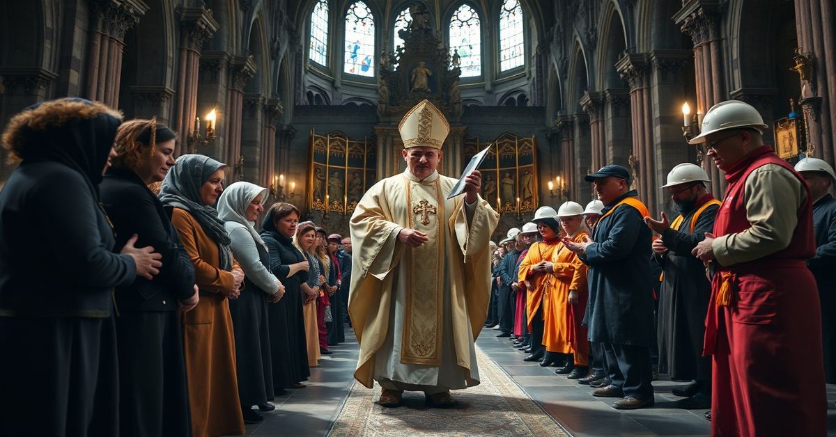 Teatralne Mandatum w Płocku – 2026 Obraz przedstawia teatralne inscenizowanie obrzędu Mandatum w płockiej katedrze przez Szymona Stułkowskiego w Wielki Czwartek 2026 roku.