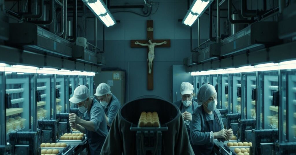 Wizualizacja technokratycznego przemysłu piekarskiego bez uznania panowania Chrystusa nad pracą