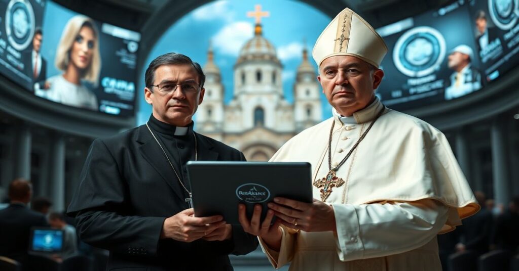 Obraz przedstawiający 'papieża' Leona XIV i 'księdza' Andreę Ciucciego w nowoczesnym watykańskim środowisku technokratycznym