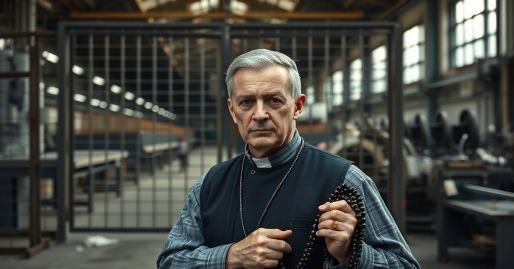 Pracownik fabryczny w tradycyjnym stroju katolickim stoi przed zamkniętymi bramami zakładu produkcyjnego motoryzacyjnego. Scena symbolizuje kryzys zawodowy i duchowy w erze technokratycznej transformacji. Roszary w ręku pracownika podkreśla brak wsparcia moralnego w obliczu ekonomicznej niewola.