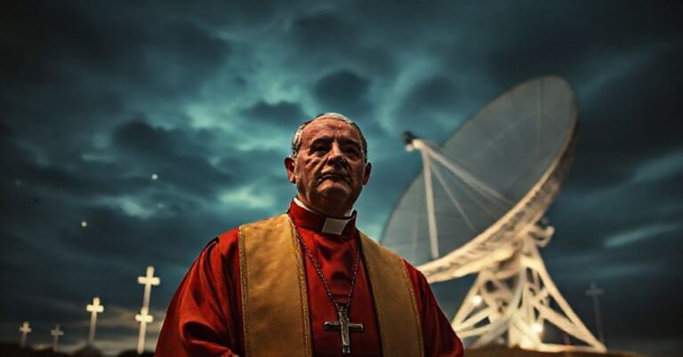 Ksiądz w ornaty stoi przed satelitą, symbolizując konflikt między Bożą opatrznością a technokratycznym postępem.