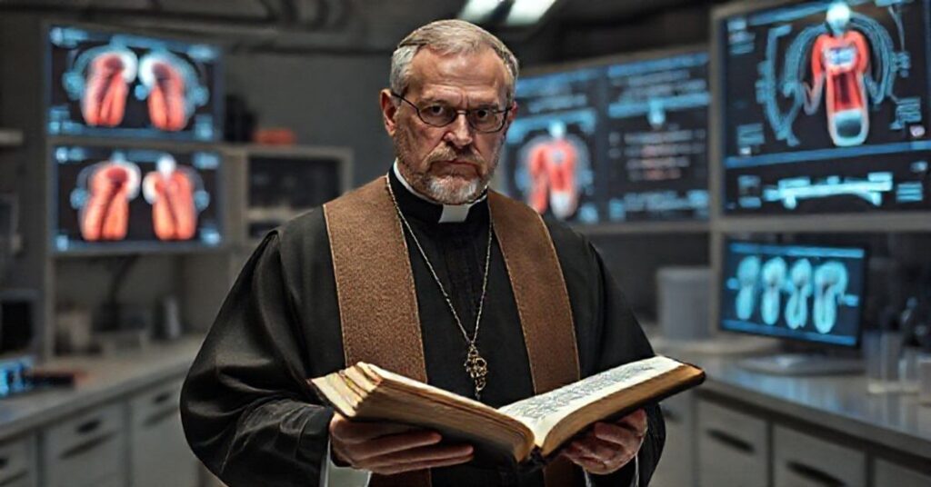 Ksiądz w tradycyjnych szatach trzyma Biblię przed laboratorium z sztuczną inteligencją.