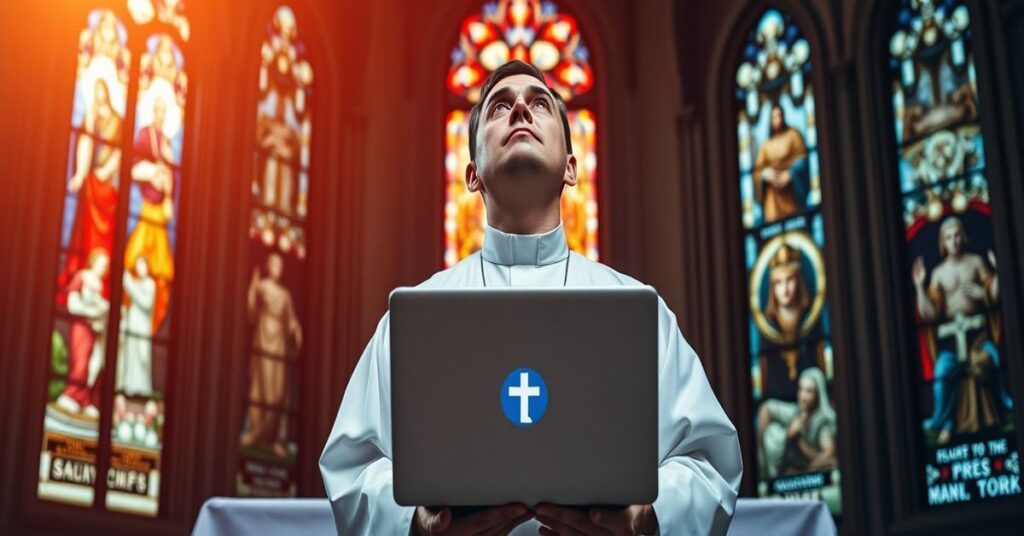 Ksiądz katolicki w tradycyjnych szatach liturgicznych stoi przed ołtarzem, trzymając laptop z usuniętym logo firmy technologicznej, symbolizując odrzucenie świeckiej technokracji. W tle widoczny jest słabo oświetlony wnętrze kościoła z witrażami przedstawiającymi sceny Chrystusa Króla i Apokalipsy.