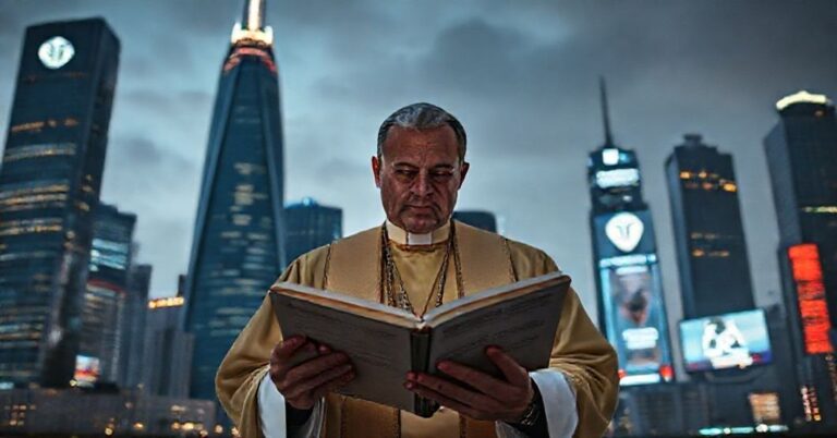 Ksiądz w tradycyjnych ornatach stoi przed nowoczesnym miastem dominowanym przez korporacje technologiczne, symbolicznym contrastem między wiarą a technokracją.
