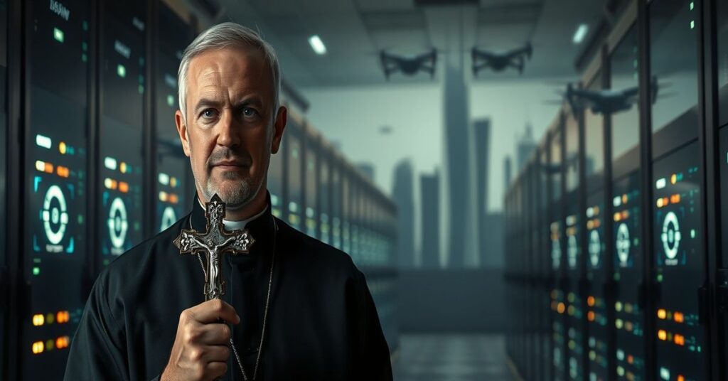 Tradycyjny ksiądz w ciemnym ornacie trzymający krzyż przed serwerownią z inteligentnymi systemami AI.